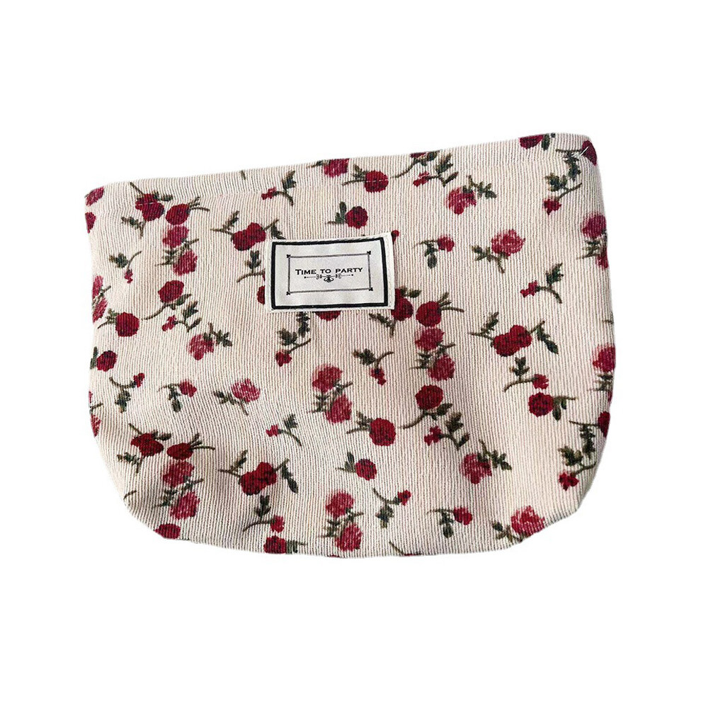 (Beige) Vintage Rose Flower Pattern Corduroy Makeup Bag Travel Toiletry Organizer Pouch