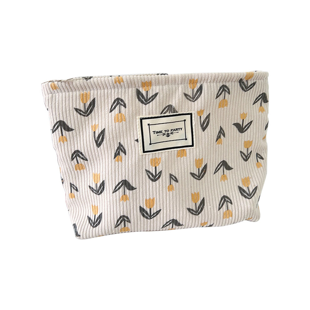 (Orange) Vintage Flower Pattern Portable Makeup Bag Corduroy Travel Toiletry Organizer Pouch