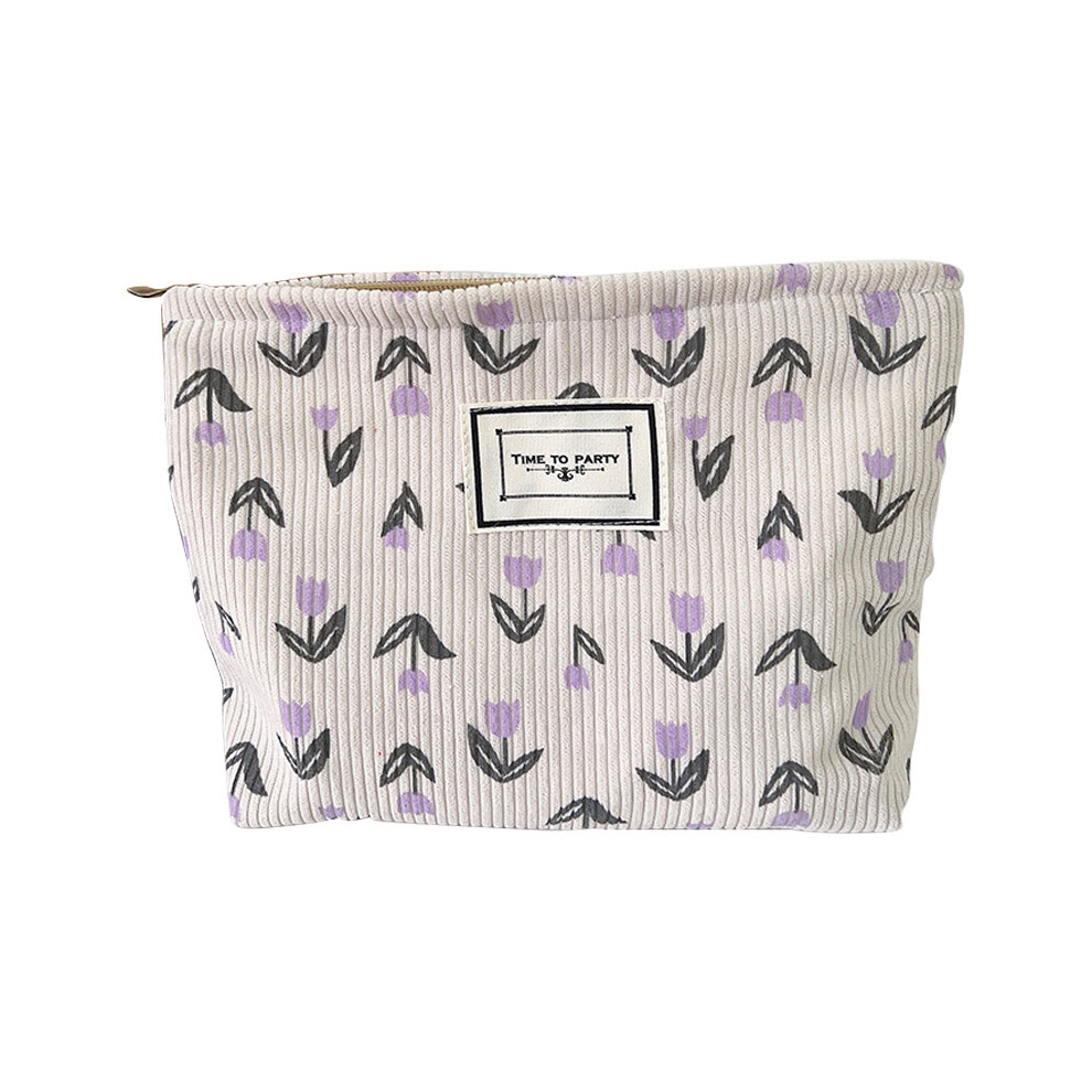 (Purple) Vintage Flower Pattern Portable Makeup Bag Corduroy Travel Toiletry Organizer Pouch