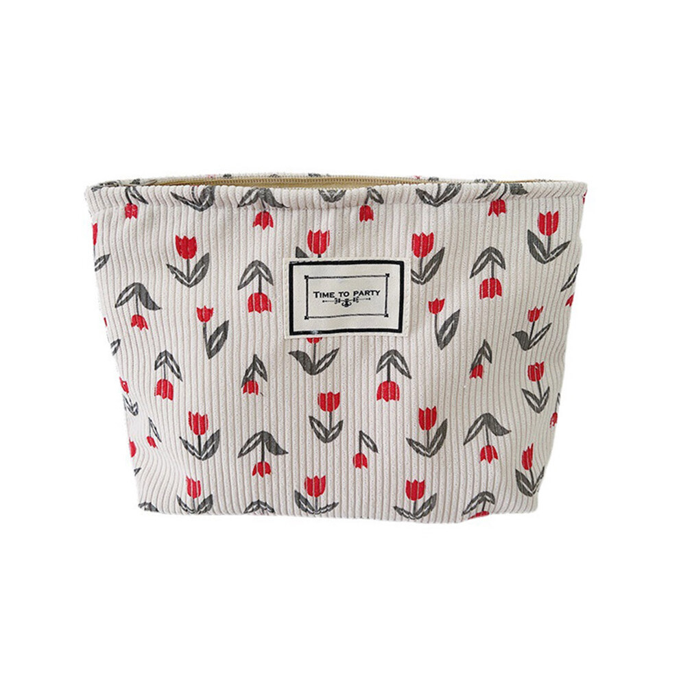 (Red) Vintage Flower Pattern Portable Makeup Bag Corduroy Travel Toiletry Organizer Pouch