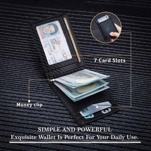 (Plain Texture/Blue) RFID Blocking Microfiber Leather Card Holder Cash Clip Design Men Card Bag Wallet 2