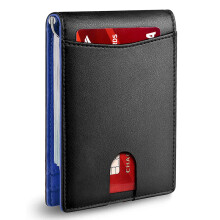 (Plain Texture/Blue) RFID Blocking Microfiber Leather Card Holder Cash Clip Design Men Card Bag Wallet