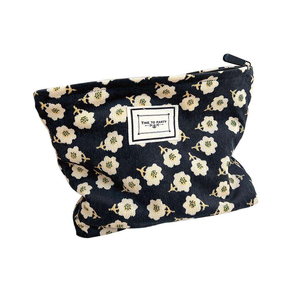 (Black) Portable Makeup Bag Vintage Flower Pattern Corduroy Travel Toiletry Organizer Zipper Pouch