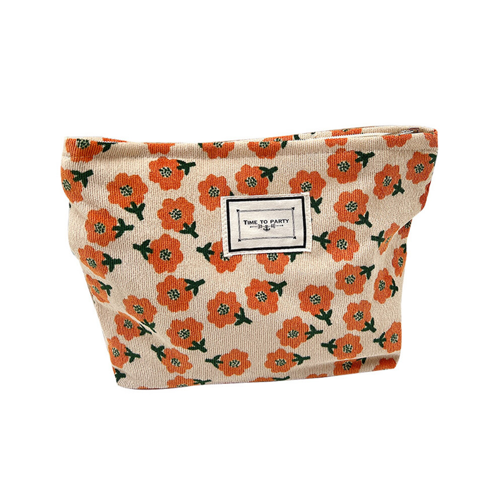 (Orange) Portable Makeup Bag Vintage Flower Pattern Corduroy Travel Toiletry Organizer Zipper Pouch