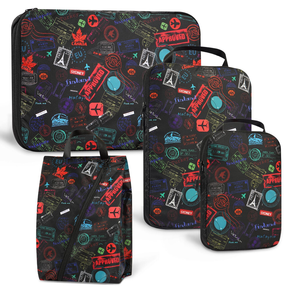 (Black) 4PCS Travel Clothes Toiletries Packing Organizers Nylon Packing Cubes Set Compression Storage Bags