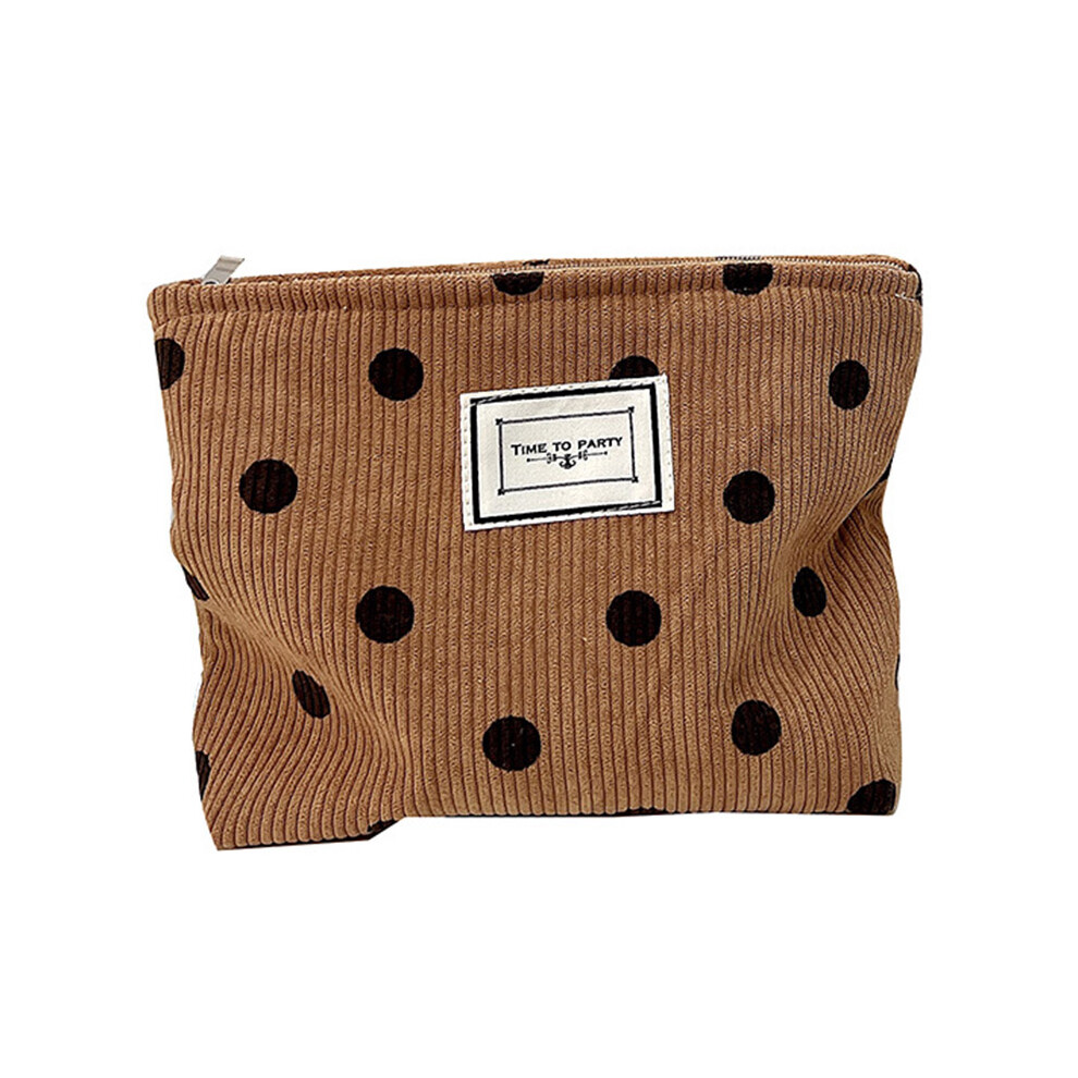 (Coffee) Travel Toiletry Organizer Pouch Vintage Polka Dot Pattern Corduroy Makeup Bag