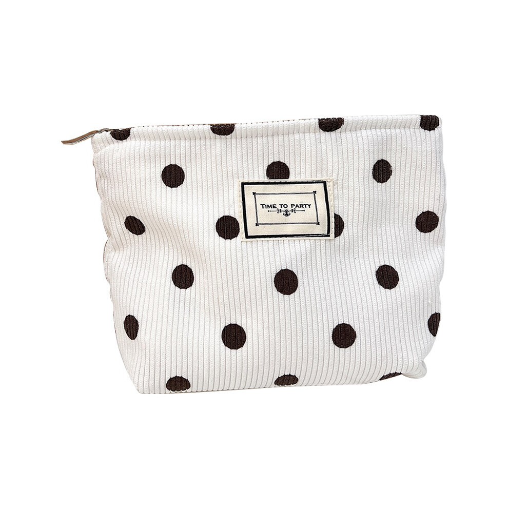 (White) Travel Toiletry Organizer Pouch Vintage Polka Dot Pattern Corduroy Makeup Bag