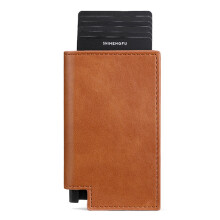 (Brown) Folding RFID Blocking Card Holder Aluminum Alloy+PU Leather Wallet Card Case
