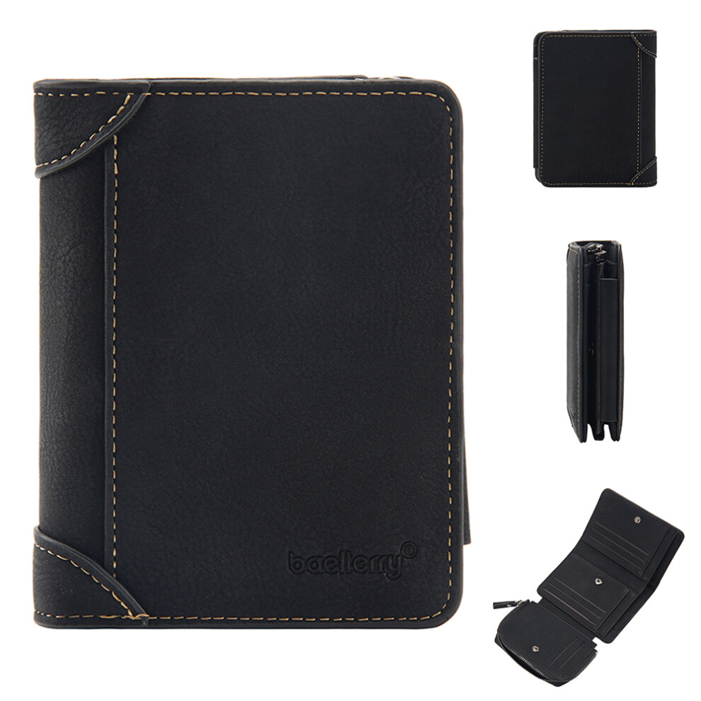 (Black) Baellerry D9201 Retro Pu Leather Men Tri-Fold Wallet Cards Coins Cash Carrying Bag With Zipper Pocket Black