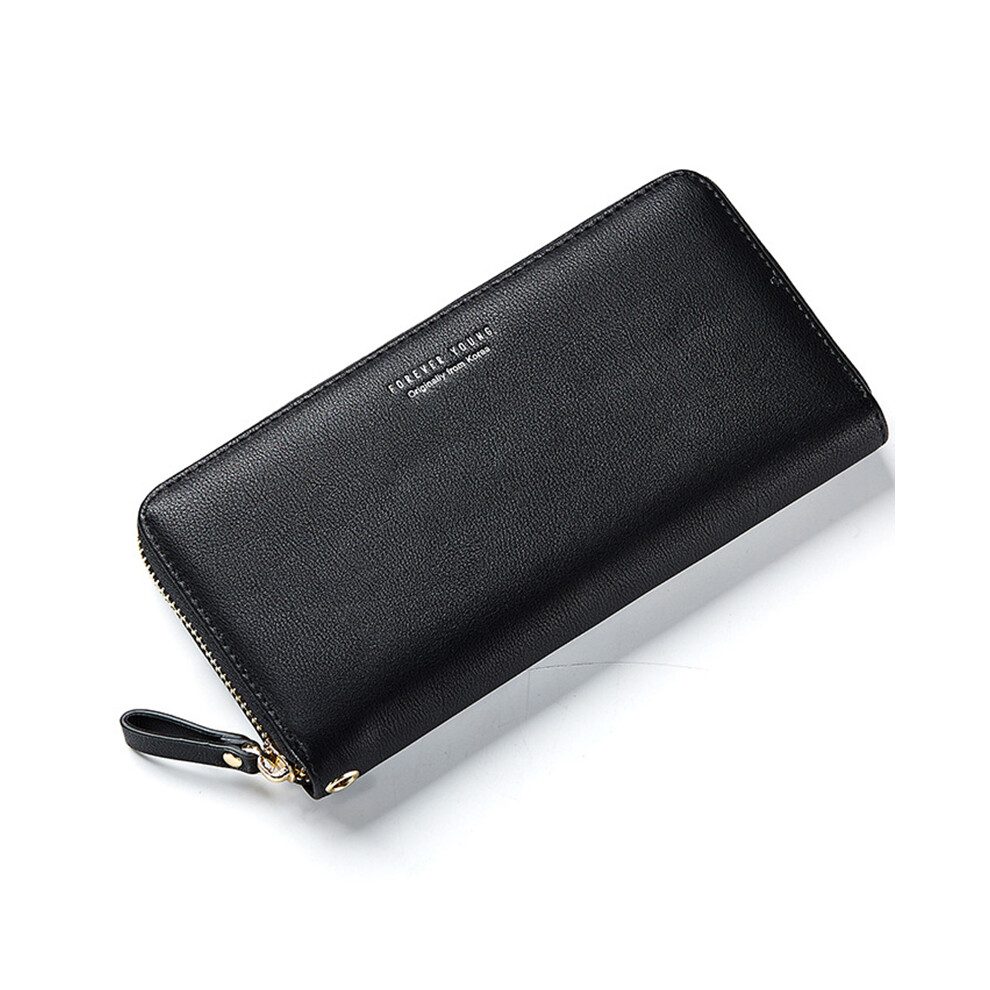 (Black) FOREVER YOUNG C7575-10 Women's Wristlet Clutch Purse Long Wallet PU Leather Cell Phone Pouch Bag