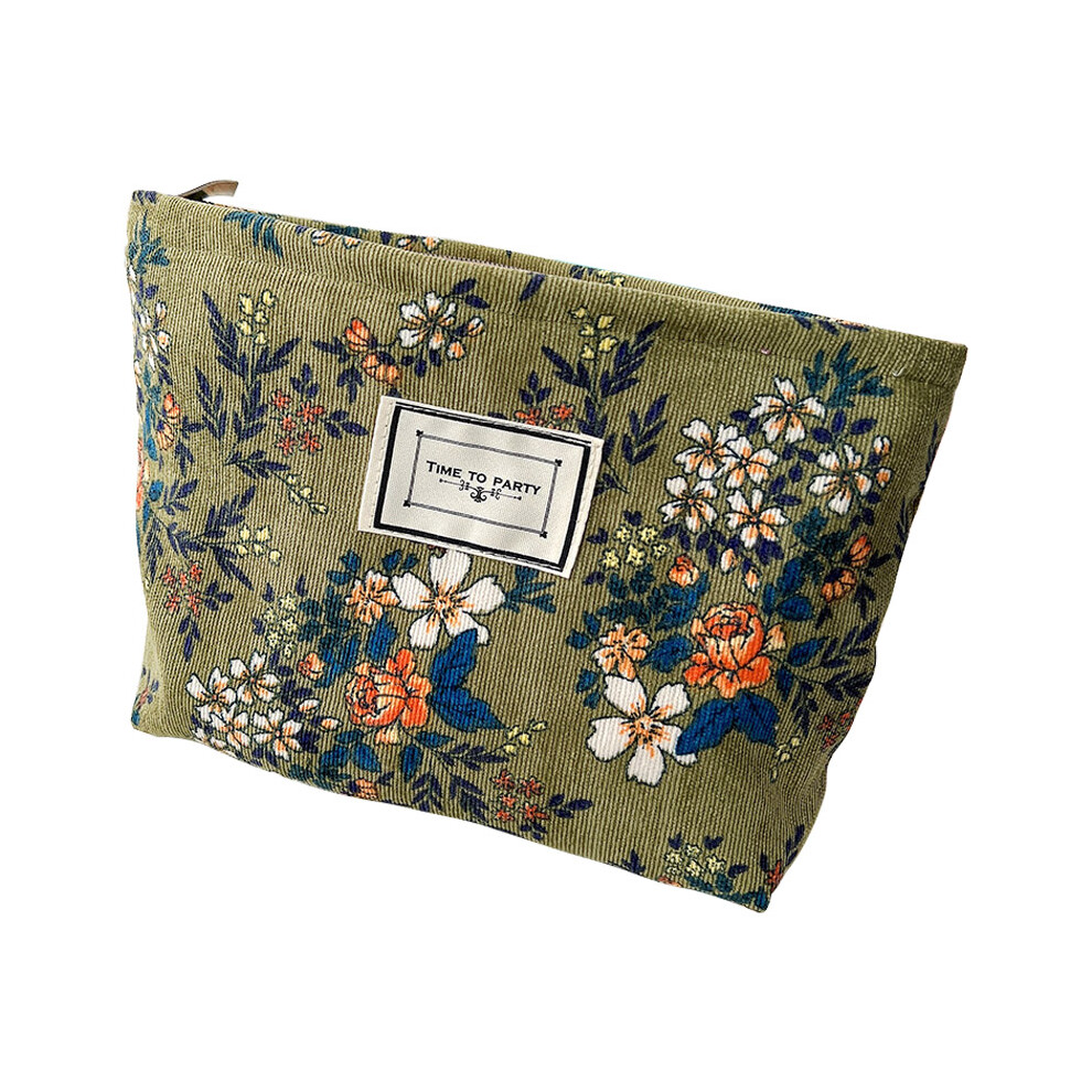 (C) Travel Corduroy Makeup Bag Vintage Flower Pattern Smooth Zipper Toiletry Pouch