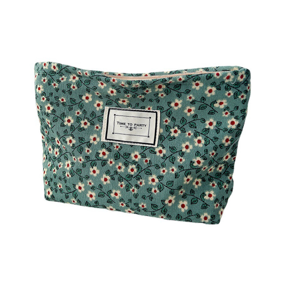 (B) Travel Corduroy Makeup Bag Vintage Flower Pattern Smooth Zipper Toiletry Pouch