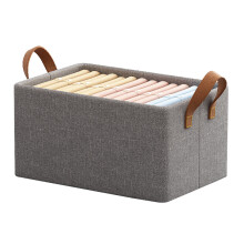 (Grey) 12L Foldable Storage Box Metal Frame Imitation Linen Organizer for Wardrobe Closet