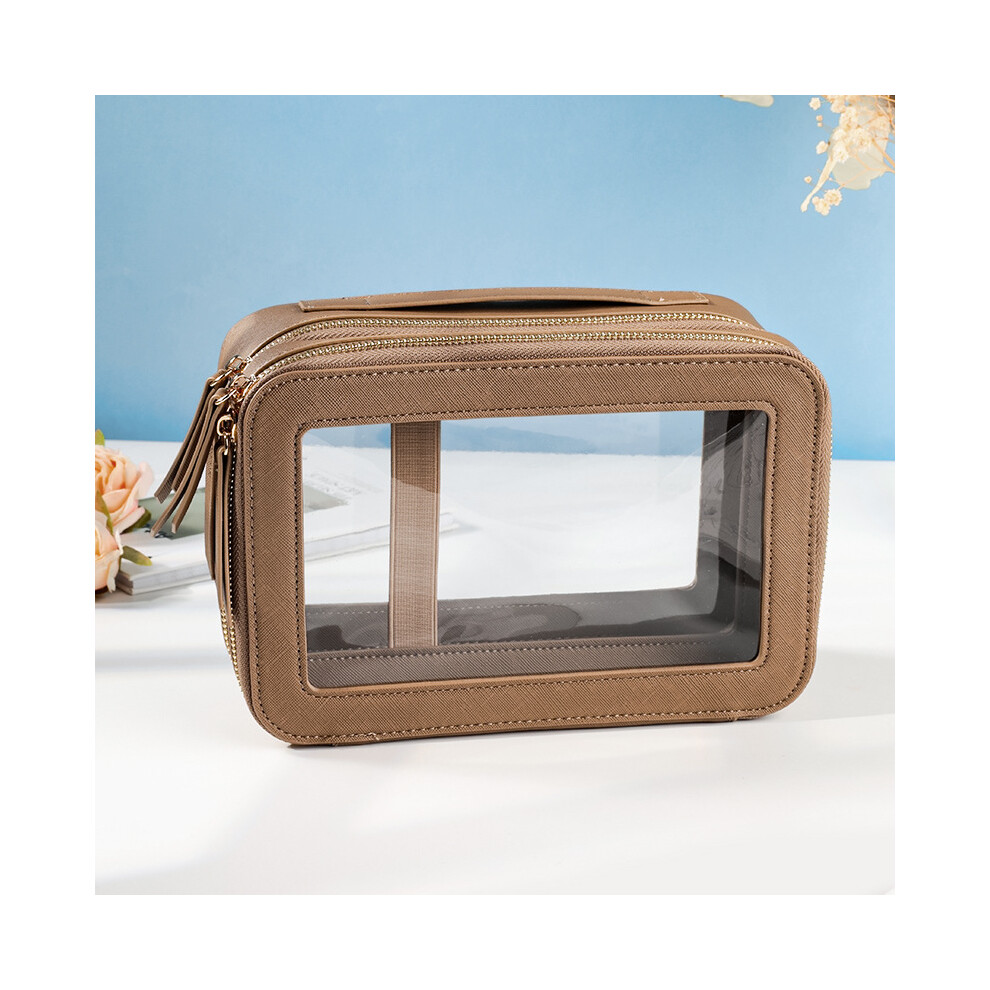 (Khaki) Travel Transparent PVC Double Layer Waterproof PU Leather Cosmetic Bag