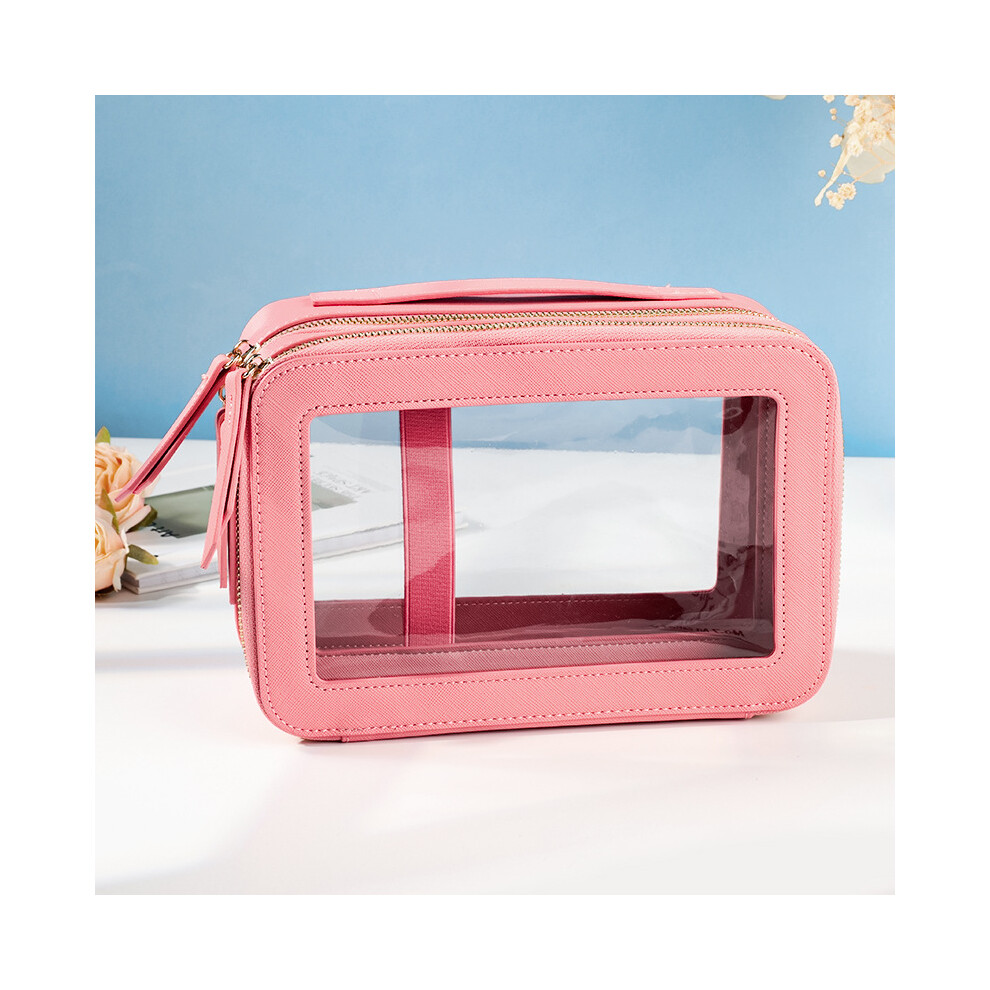Pink (Rose ) Travel Transparent Pvc Double Layer Waterproof Pu Leather Cosmetic Bag