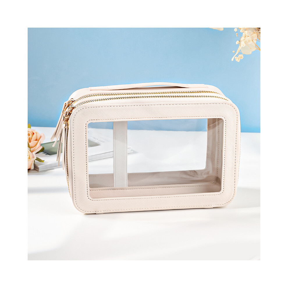 Beige (Beige) Travel Transparent Pvc Double Layer Waterproof Pu Leather Cosmetic Bag