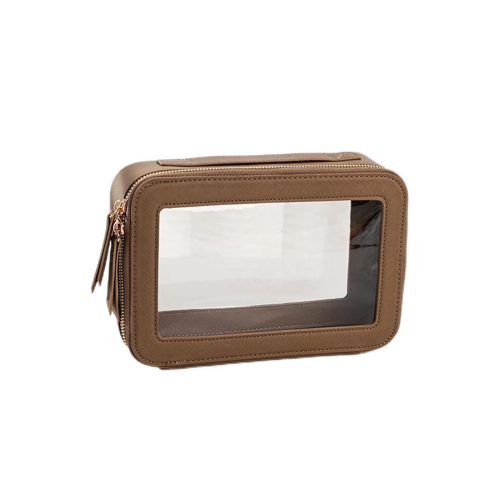 (Khaki) Single Layer Transparent Makeup Bag Waterproof PU Leather Cosmetic Bag