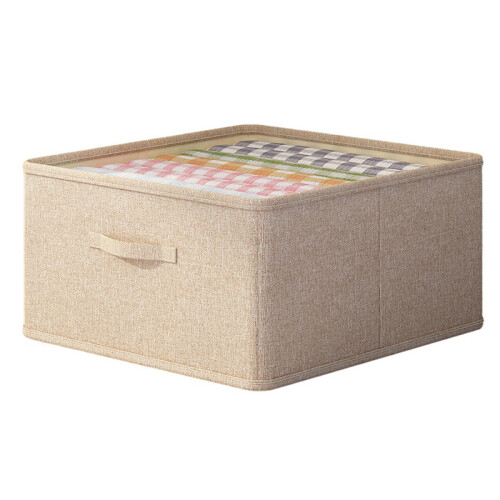 (Beige) 30L Imitation Linen Storage Box Washable Foldable Wardrobe Organizer