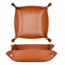 (Litchi Texture/Brown) Bedside Organizer Desk Storage Plate Leather Catchall for Change Jewelry Key Phone Watch,Size L