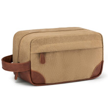 (Khaki) Waterproof PU Leather+Oxford Cloth Men Travel Toiletries Storage Bag