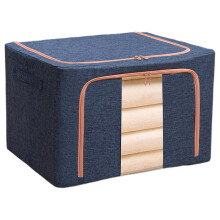 (Dark Blue) 24L Clothes Storage Bags Cotton Linen Clear Window Wardrobe Storage Organizer Box with Handle