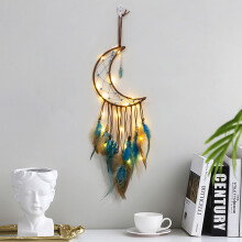 (Moon) Energy Stone Pendant Feather Dream Catcher Hanging Decor Home Wall Ornament with LED Light Strip