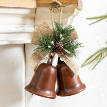 (Coffee) Christmas Tree Ornament Vintage Double Bell Bow Decoration Iron Art Holiday Hanging Pendant