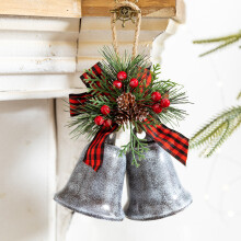 (Silver Grey) Christmas Tree Ornament Vintage Double Bell Bow Decoration Iron Art Holiday Hanging Pendant