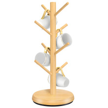 (Wood Color) Wooden Coffee Mug Tree Shape Holder 360 Degree Rotating 8 Hooks Cup Organizer Display Stand