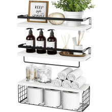 (White) 3Pcs/Set Iron+Wood Wall Mounted Shelf Bathroom Kitchen Organizer Storage Rack with Towel Bar and Mesh