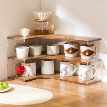 (Brown) Bamboo 3-Tier Corner Mug Organizer For Desk Kitchen Countertop Cup Holder Tea Coffee Storage Rack