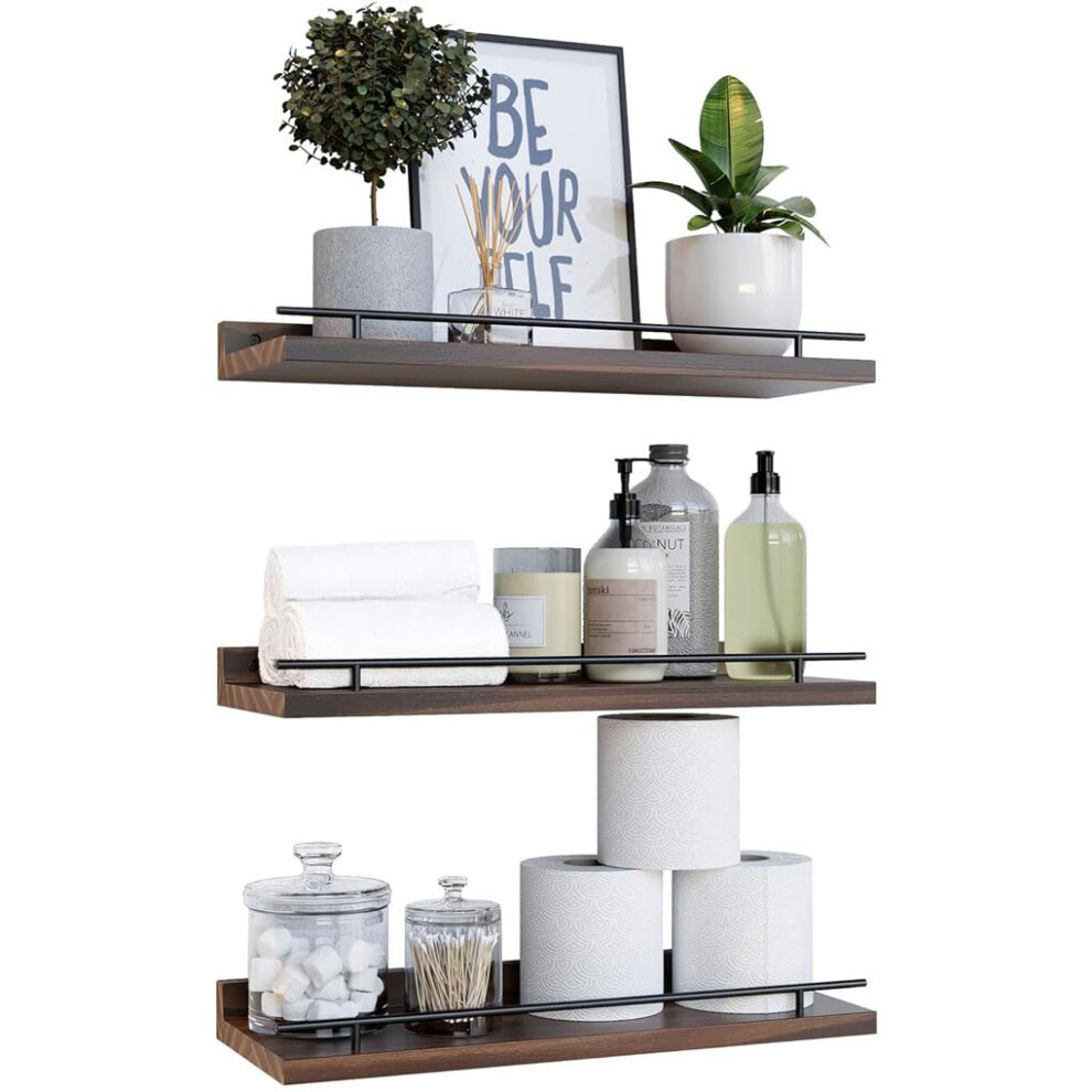 (Dark Brown) 3Pcs/Set Floating Shelves With Metal Rail Bathroom Wall Mounted Wood Storage Rack 6914275783671