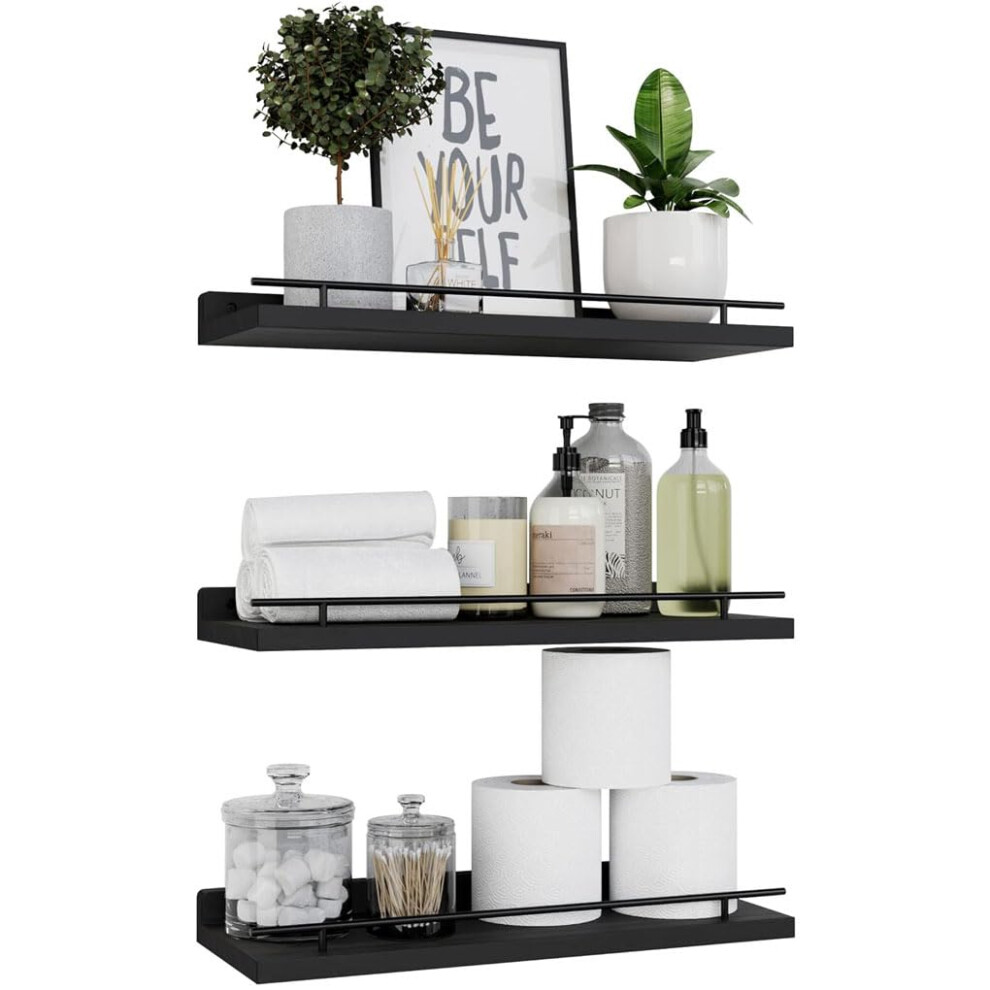 (Black) 3Pcs/Set Floating Shelves With Metal Rail Bathroom Wall Mounted Wood Storage Rack 6914279206480