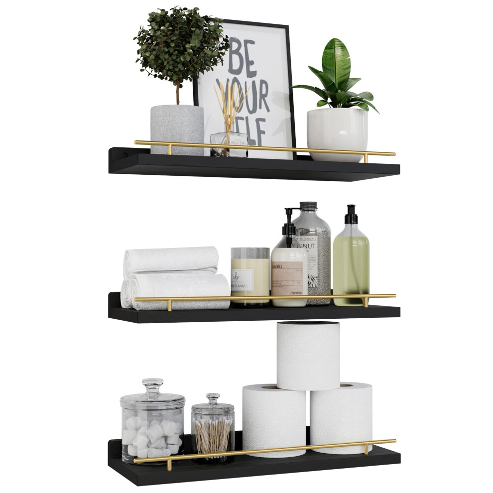 (C) 3Pcs/Set Floating Shelves With Metal Rail Bathroom Wall Mounted Wood Storage Rack 6914278232817