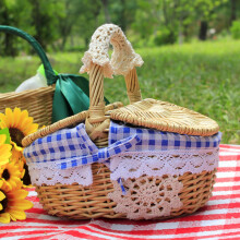(Blue Grid) Outdoor Woven Picnic Basket Cotton Linen Cloth Wicker Knitted Blanket Home Storage Bin with Lid,Size: S