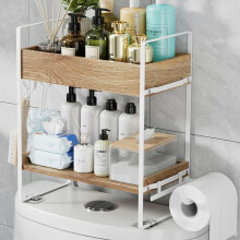 (White) Multipurpose Over Toilet Storage Rack 2 Tiers Bathroom Organizer Shelf with Hooks