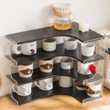 (Black) Bamboo Acrylic Cup Organizer Rack 4 Tier Corner Shelf for Mugs Tea Set Coffee Cups Storage Display Stand