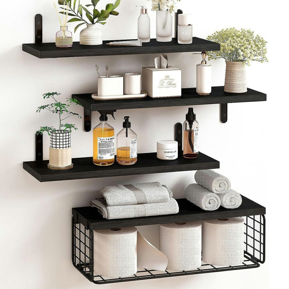 (Black) 4Pcs/Set Floating Wall Shelves Bathroom Kitchen Living Room Wood Iron Storage Rack 6914275572459