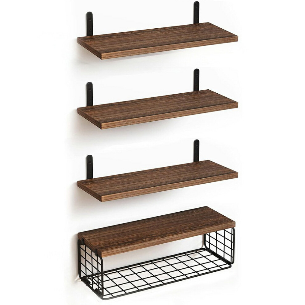 (Dark Wood Color) 4Pcs/Set Floating Wall Shelves Bathroom Kitchen Living Room Wood Iron Storage Rack 6914272729375
