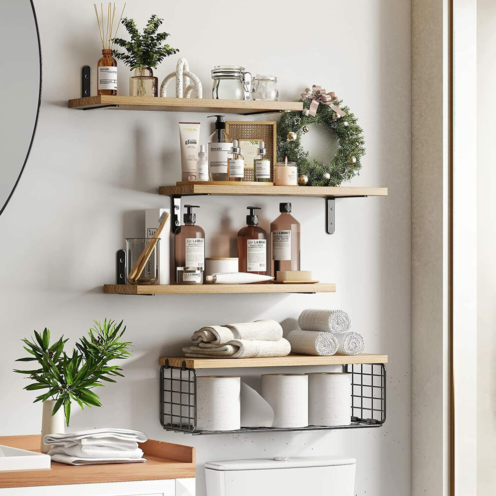 (Light Wood Color) 4Pcs/Set Floating Wall Shelves Bathroom Kitchen Living Room Wood Iron Storage Rack 6914276842810