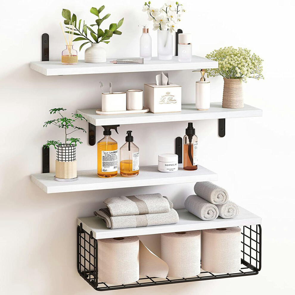 (White) 4Pcs/Set Floating Wall Shelves Bathroom Kitchen Living Room Wood Iron Storage Rack 6914273950044