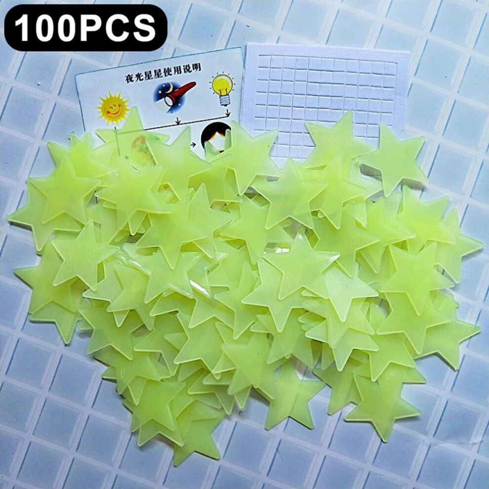 (Yellow) 100Pcs 3Cm 3D Plastic Stars Luminous Wall Decals Bedroom Party Classroom Self Adhesive Fluorescent Decor Yellow