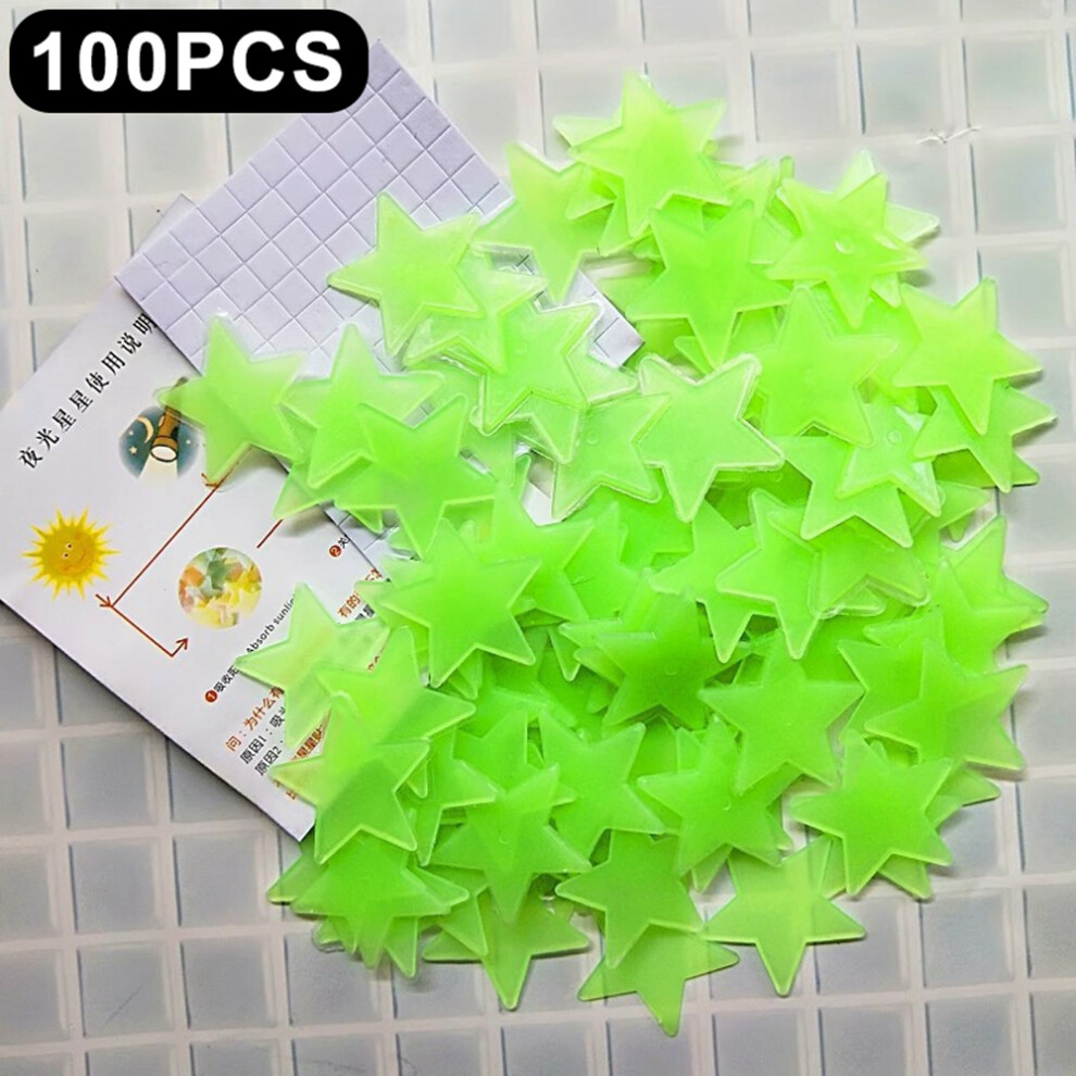 (Green) 100Pcs 3Cm 3D Plastic Stars Luminous Wall Decals Bedroom Party Classroom Self Adhesive Fluorescent Decor Green