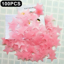 (Pink) 100Pcs 3cm 3D Plastic Stars Luminous Wall Decals Bedroom Party Classroom Self Adhesive Fluorescent Decor
