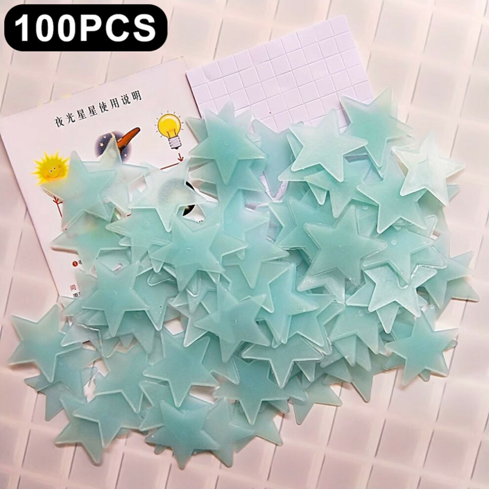(Blue) 100Pcs 3Cm 3D Plastic Stars Luminous Wall Decals Bedroom Party Classroom Self Adhesive Fluorescent Decor Blue