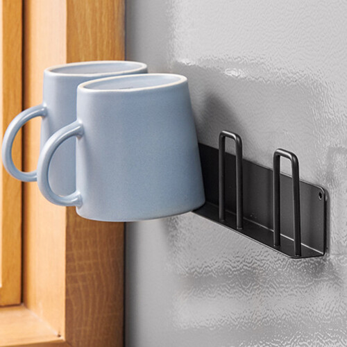 (Black) Drill Free 3-Hook Carbon Steel Wall Mounted Cup Holder Organizer Rack 1