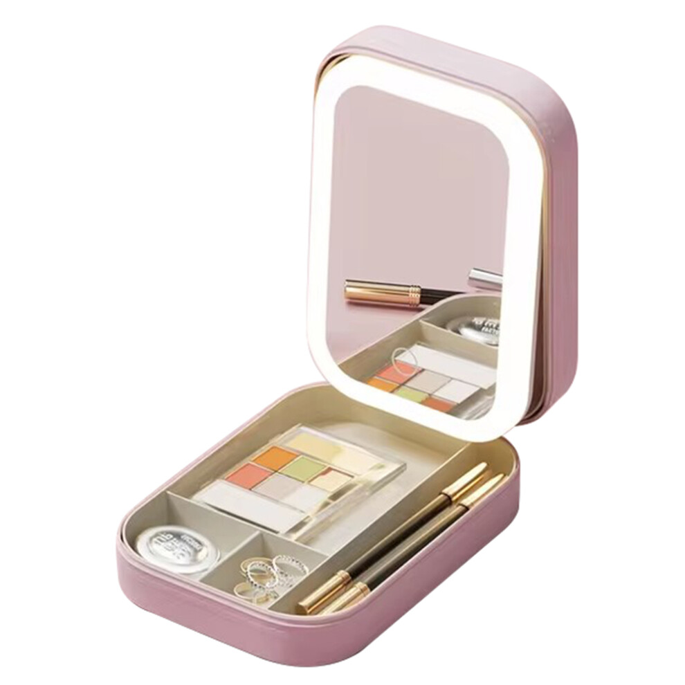 (Pink) Cosmetic Mirror Case LED Makeup Mirror Storage Case with Light-Filling Portable Makeup Box Bag
