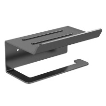 (Black) Carbon Steel Wall Mounted Bathroom Toilet Paper Roll Holder Mobile Phone Storage Shelf