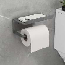(Grey) Carbon Steel Wall Mounted Bathroom Toilet Paper Roll Holder Mobile Phone Storage Shelf