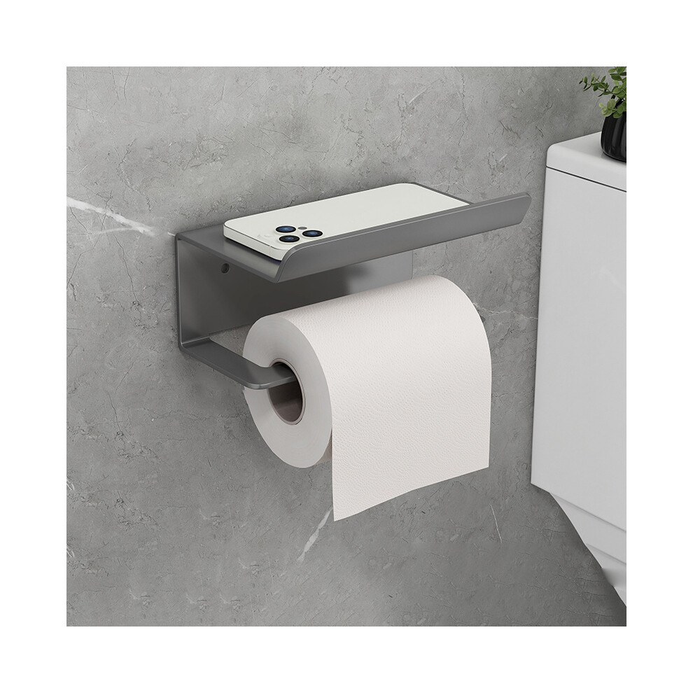 (Grey) Carbon Steel Wall Mounted Bathroom Toilet Paper Roll Holder Mobile Phone Storage Shelf Grey